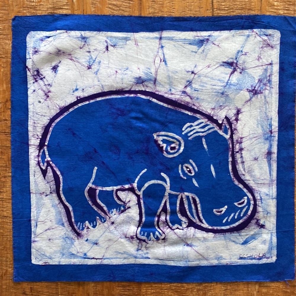 African Batik Hippo Hand Dyed Fabric Panel by Artist Theodore Asshola